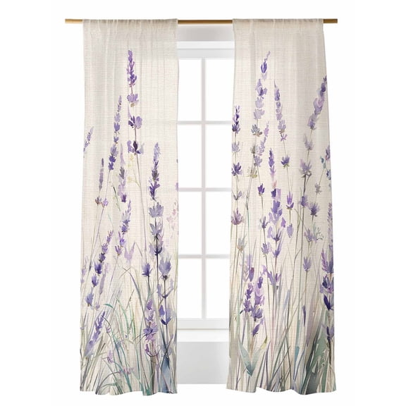 Spring Flower Sheer Curtains 2 Panels Set Vintage Purple Lavender Linen Texture Lihgt Filtering Rod Pocket Voile Drape, Semi Sheer Window Curtains for Bedroom Living Room, 52"x108"