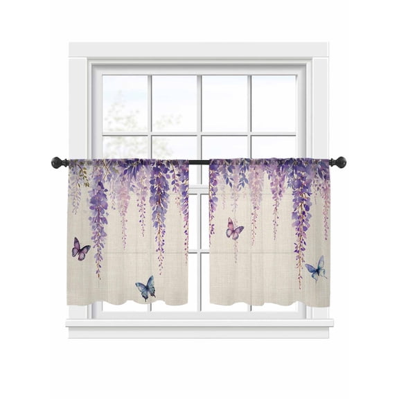 Spring Flower Sheer Curtains 2 Panels Set Vintage Watercolor Purple Wisteria Floral Butterfly Linen Texture Sheer Window Curtains Light Filtering Rod Pocket Voile Drapes for Living Room 52"x45"