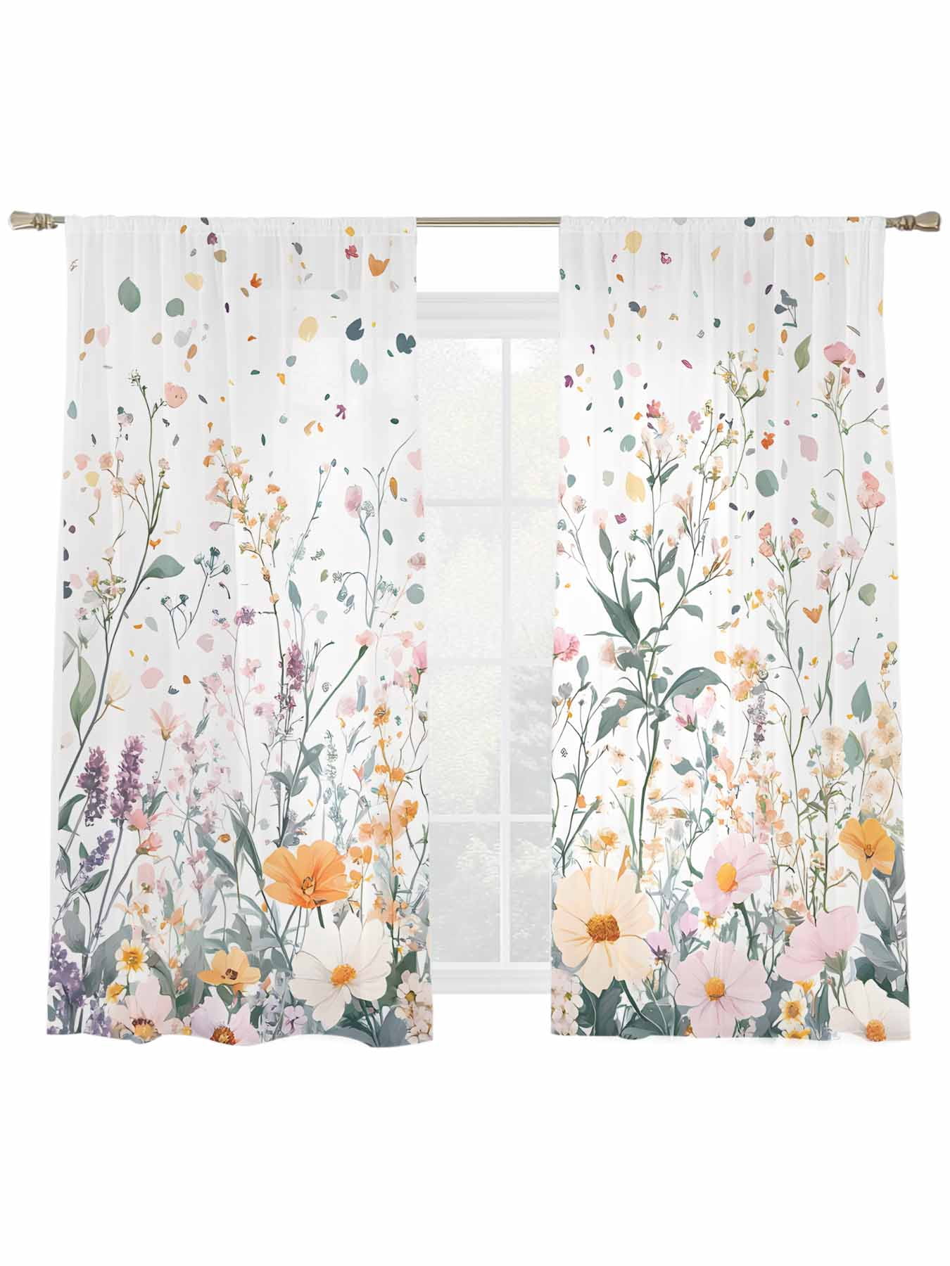 Spring Flower Sheer Curtains 2 Panels Set Watercolor Wildflowers Sage ...