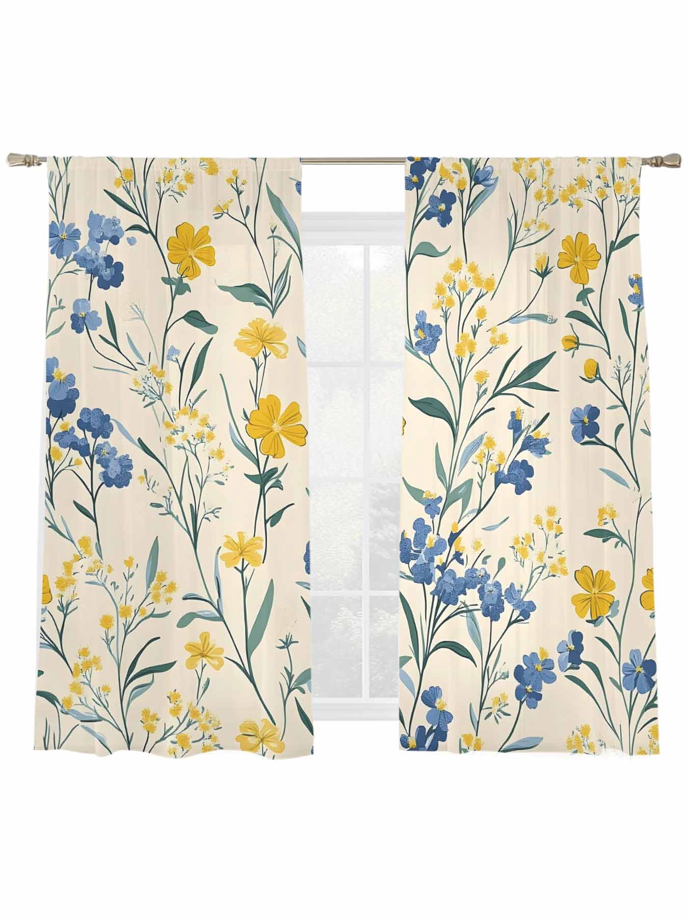 Spring Flower Sheer Curtains 2 Panels Set Watercolor Yellow Floral Vintage Green Leaf Linen Texture Sheer Window Curtains Light Filtering Rod Pocket Voile Drapes for Bedroom Living Room 52"X72"