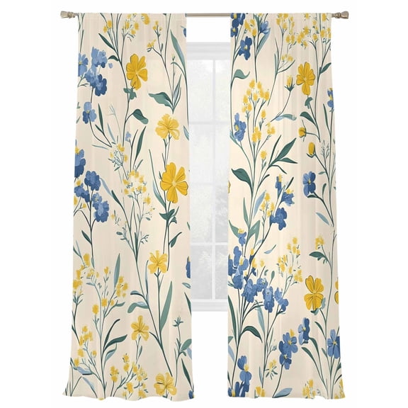 Spring Flower Sheer Curtains 2 Panels Set Watercolor Yellow Floral Vintage Green Leaf Linen Texture Sheer Window Curtains Light Filtering Rod Pocket Voile Drapes for Bedroom Living Room 52"X108"