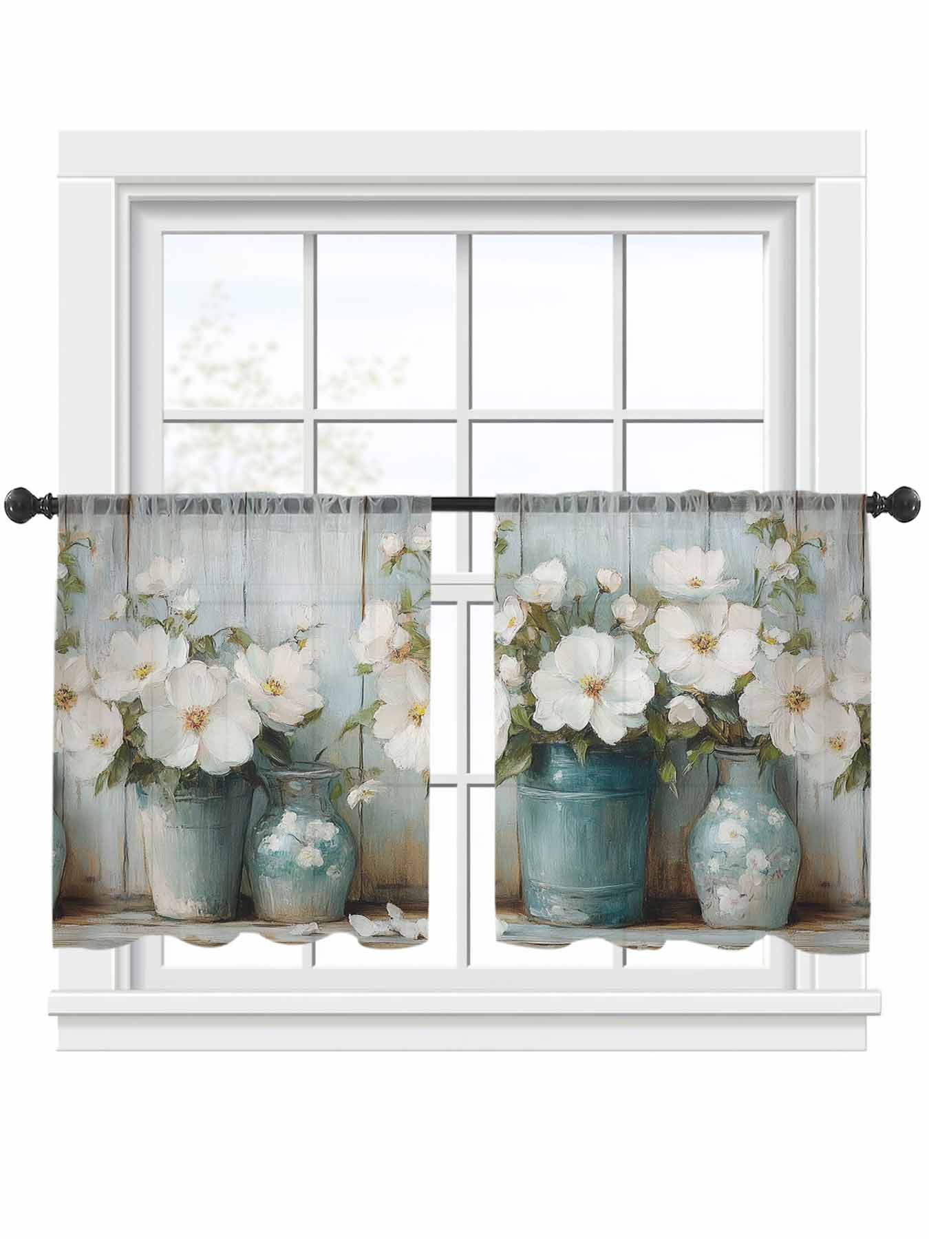Spring Flower Sheer Curtains 2 Panels Set White Camellia Oil Painting ...