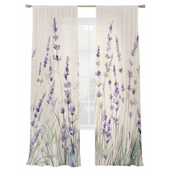 Spring Flower Sheer Curtains 84 Inch Long 2 Panels, Vintage Purple Lavender Linen Texture Light Filtering Rod Pocket Semi Sheer Curtains, Sheer Voile Drapes for Living Room Bedroom, 52"x84"