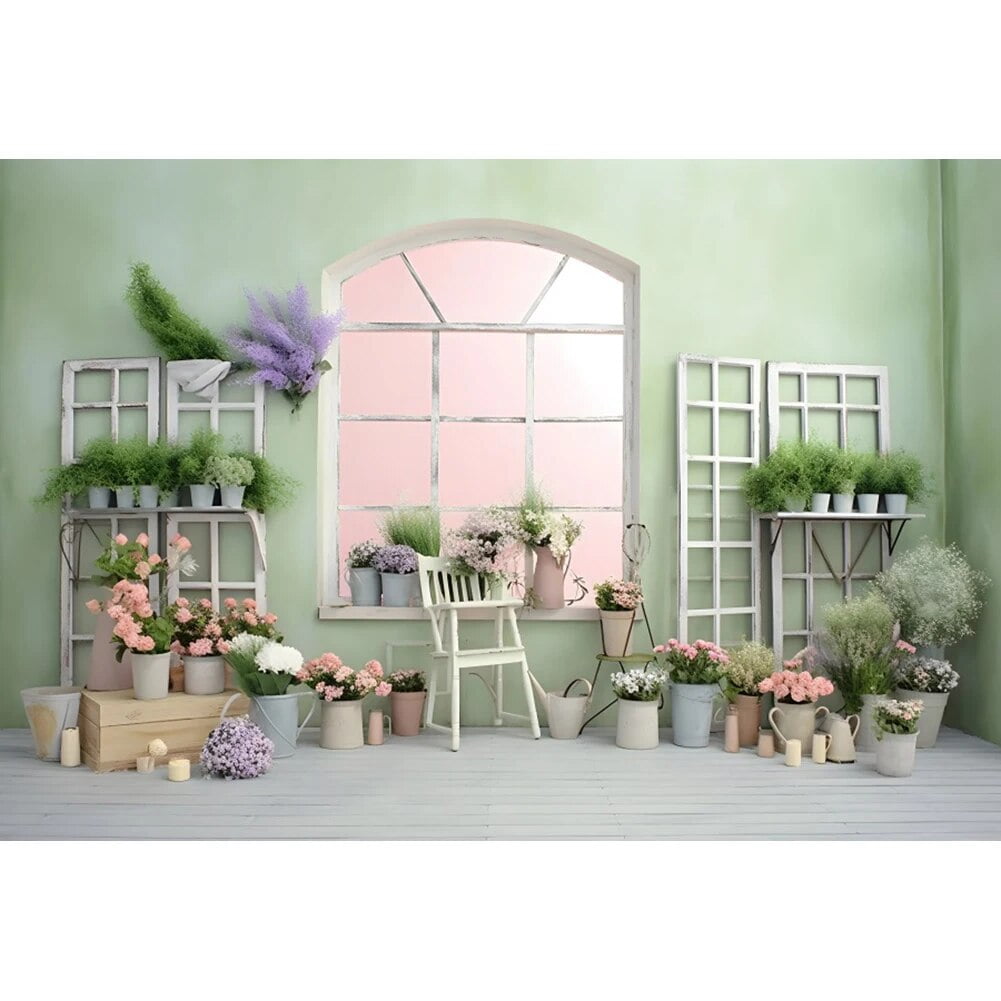 Spring Flower Shop Backdrop Wooden Door Pretty Flowers And Eggs ...