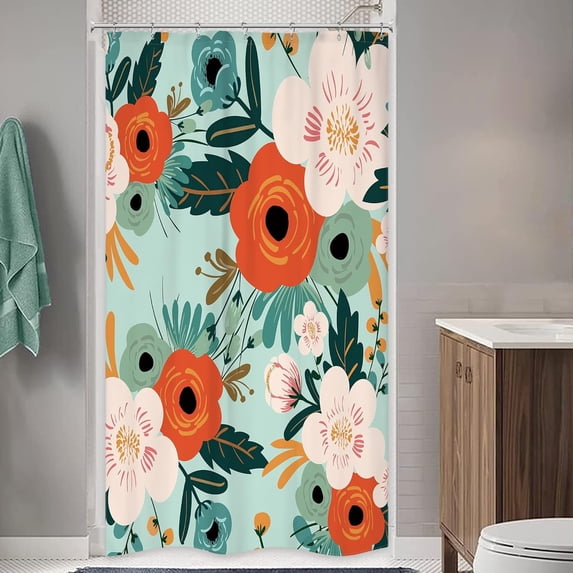 Spring Flower Shower Curtain for Bathroom Decor 36Wx72H Stall Pink Small Half RV Floral Green Leaves Farmhouse Rustic Botanical Art Printed Fabric Polyester Waterproof 7 Pack Plastic Hooks
