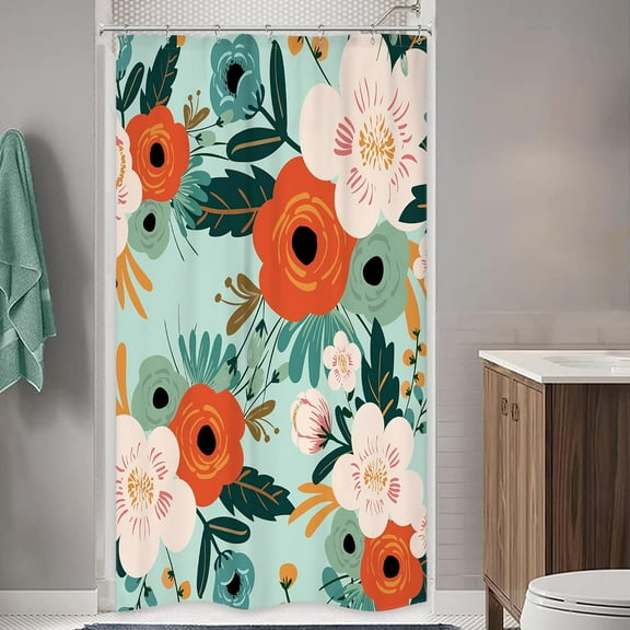 Spring Flower Shower Curtain for Bathroom Decor 36Wx72H Stall Pink Small Half RV Floral Green Leaves Farmhouse Rustic Botanical Art Printed Fabric Polyester Waterproof 7 Pack Plastic Hooks