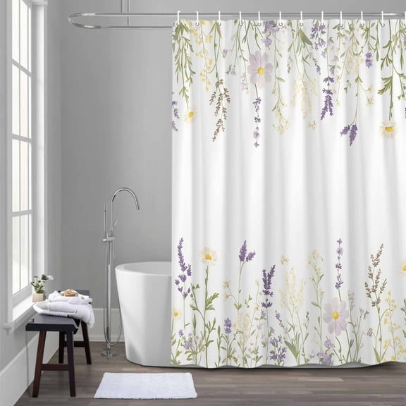 Spring Flower Shower Curtain for Bathroom Decor, Country Pastoral Purple Yellow Floral Green Leaf Waterproof Fabric Shower Curtain, 72"x72" Set with 12 Hooks
