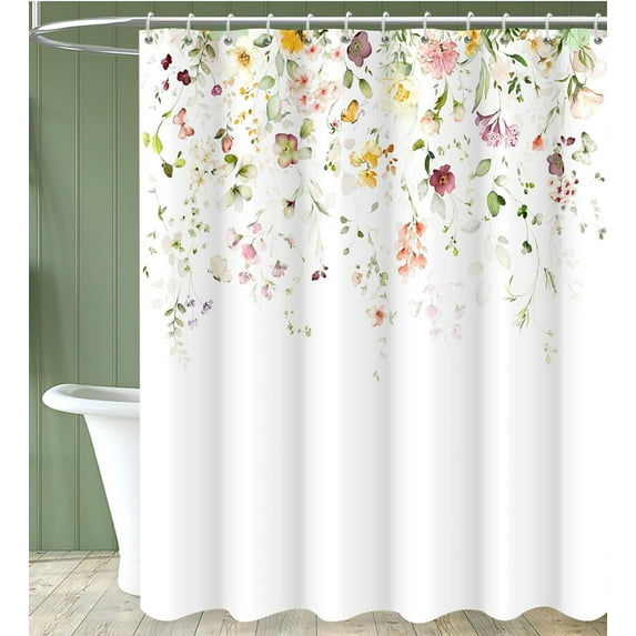 Spring Flower Shower Curtain, Floral Plant Machine Washable Waterproof Fabric Stall Size for Bathroom Bathtub Decor with Hooks 72Wx84H