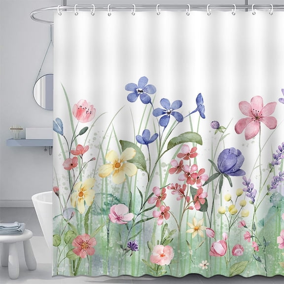 Spring Flower Shower Curtain Set Watercolor Floral Plant Decoration Shower Curtain Nature Colorful Wildflower Waterproof Fabric Shower Curtain with 12 Hooks 72x72 Inches