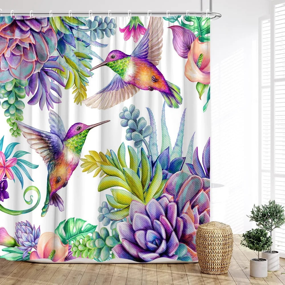 Spring Flower Shower Curtain Watercolor Farm Butterfly Greenery Leaf