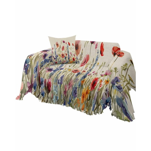 Spring Flower Sofa Couch Covers for Dog,Washable Sectional Couch Slipcovers for Loveseat with Tassels,Farmhouse Floral Retro Aesthetic Herb Non Slip Sofa Throw Cover Blanket Large 71''x102''