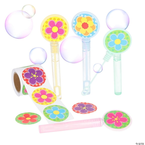 Spring Flower Sticker & Flat Bubble Tubes Handout Assortment Kit - 124 Pieces