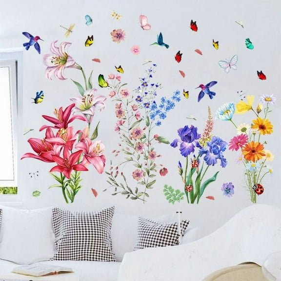 Spring Flower Stickers, Chrysanthemums Lily Birds Butterflies Dragonflies Ladybugs Spring Wall Decals, Floral Wall Decals Peel and Stick Wall Art Removable Garden Decal, Floral Butterfly Walls Decor