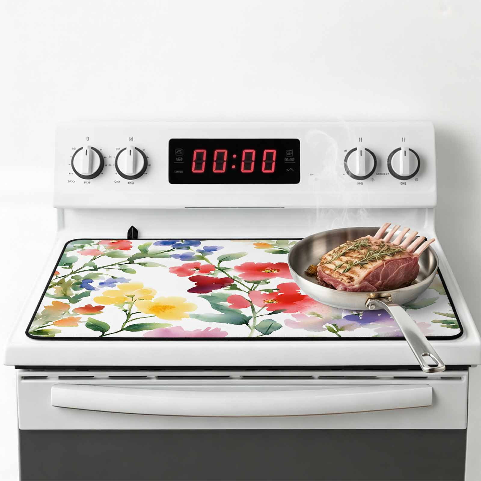 Spring Flower Stove Top Cover for Electric Stove, Heat-proof & Non Slip Glass Top Stove Cover Protector, Abstract Gradient Blue Purple Red Green Kitchen Flat Cooktop Rubber Mat 24x21 Inches