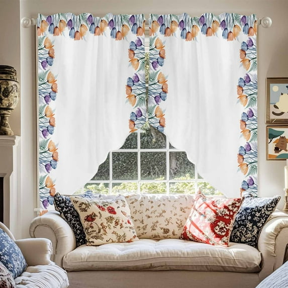 Spring Flower Swag Curtain Valance for Windows, X-ray Illustration of Tulips Leaf Plant Window Treatments Short Swag Topper for Kitchen Windows Bathroom Bedroom, 36"x45"