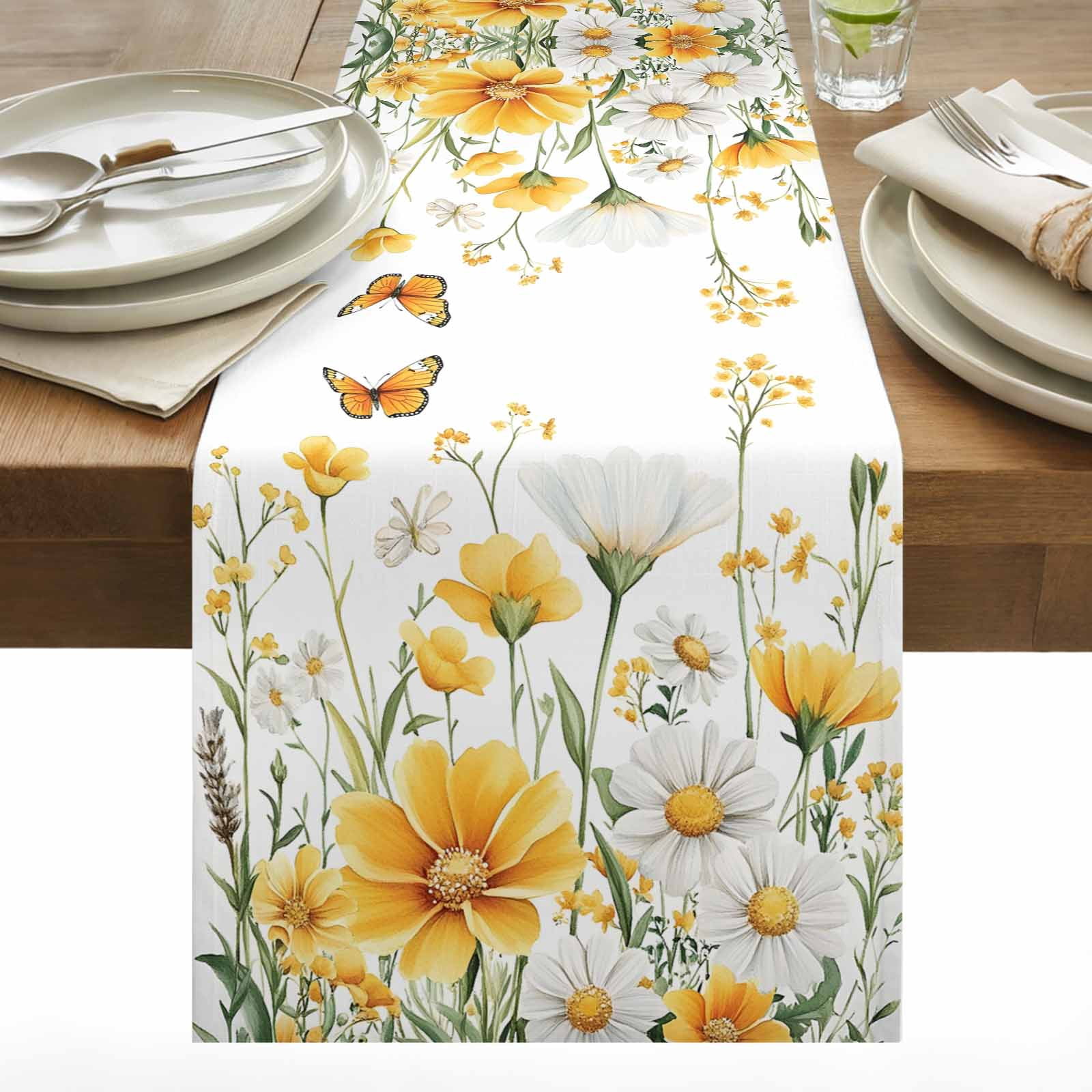 Spring Flower Table Runner 13x48 inch White Yellow Daisy Floral ...