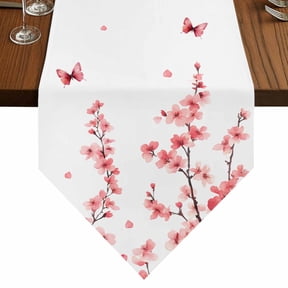 Spring Flower Table Runner for Dining Room, Watercolor Pink Cherry Blossom Floral Butterfly Cotton Linen Dining Table Runner Tablecloth Dresser Scarves for Kitchen Cafe 18x72 Inches Long