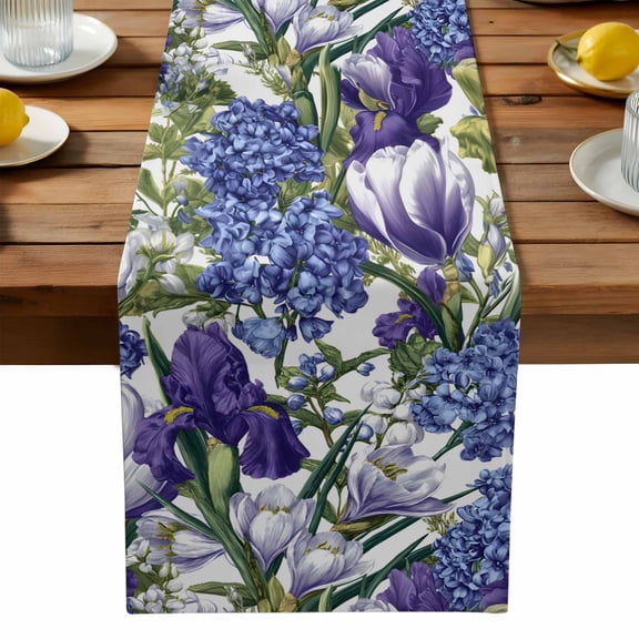 Spring Flower Table Runner, Retro Blue Hydrangea Purple White Floral Green Leaf Washable Kitchen Table Runners Dress Scarves for Dining Table Decorations Party, 18x72in