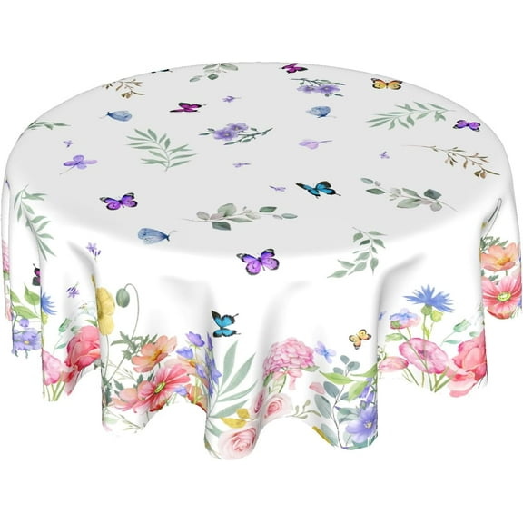Spring Flower Tablecloth Round 60 Inch Spring Floral Tablecloths Watercolor Butterfly Flower Table Cloth Round Farmhouse Wildflowers Tablecloths Washable Table Cover for Indoor Outdoor Table Decor