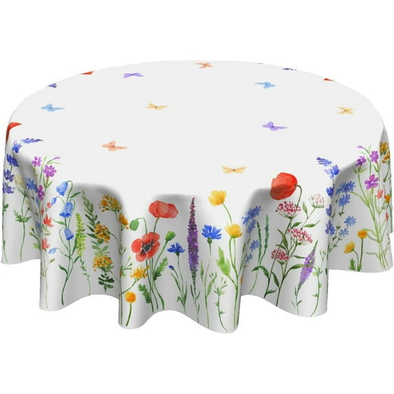 Spring Flower Tablecloth Round 60 Inch Wildflower Spring Summer Seasonal Table Cloth Washable Spillproof Wrinkle Resistant Fabric Table Cover for Indoor Outdoor Kitchen Dinning