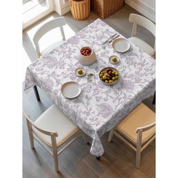 Spring Flower Tablecloth Square Table Cloth 54x54, Waterproof Tablecloth Outdoor Table Cloth, Vintage Farmhouse Light Purple Boho Leaf Washable Table Cover for Kitchen Dinning Party