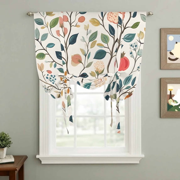 Spring Flower Tie Up Curtain 63 Inches Long, Pomegranate Leaf Pastoral Flowers Vintage Balloon Style Kitchen Window Curtain Over Sink, Small Window Rod Pocket Curtain 42"x63"