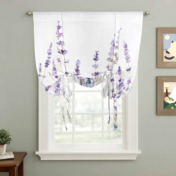 Spring Flower Tie Up Curtain 63 Inches Long, Vintage Purple Lavender Plant Balloon Style Kitchen Window Curtain Over Sink, Small Window Rod Pocket Curtain 46"x63"