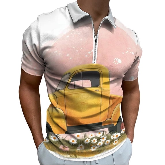 Spring Flower Truck Can (3) Men Zipper T-shirt Summer Casual Short Sleeve T-shirt Top