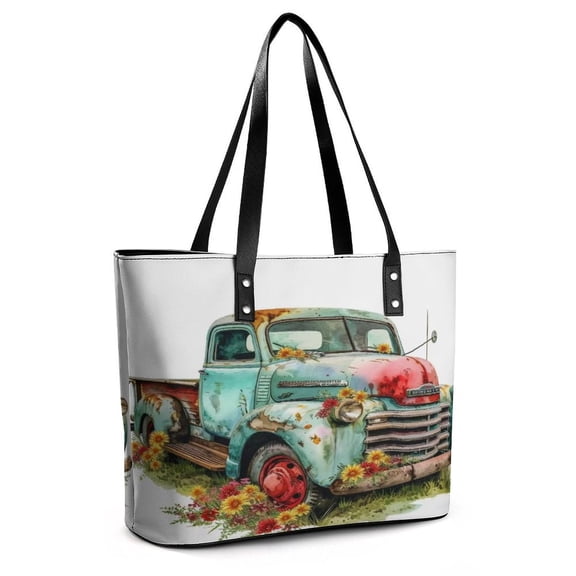 Spring Flower Truck Can (5) Woman Leather Handbags Large Tote Bag Fashion Portable Handbags With Zipper