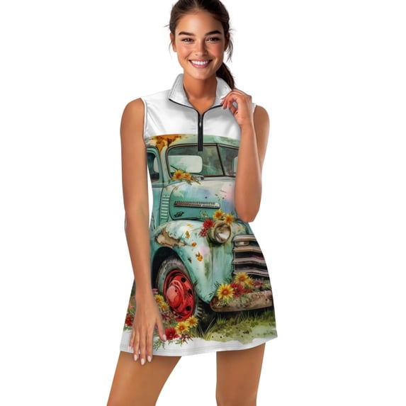 Spring Flower Truck Can Sports Dresses Women Tennis Dress with Separate Shorts One-Piece Slim Fit Golf Dress