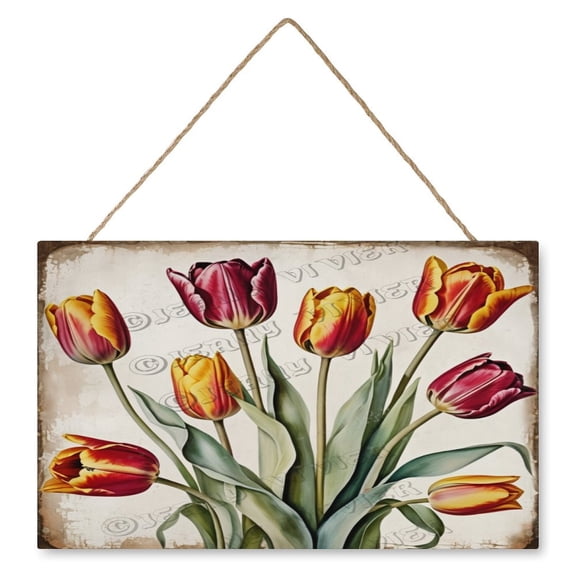 Spring Flower Tulip Home Wood Sign Wall Decor, Rustic Hanging Home Decor Signs Farmhouse Decorative Floral Wall Art Plaque for Bedroom Living Room Bathroom Kitchen 10"x16"