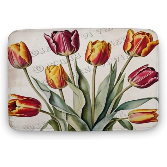 Spring Flower Tulip Vintage Bath Mat Boho Non-Slip Bathroom Rug Soft Machine Washable Bathroom Mat Cute Bath Mats for Bathroom Decor for Sink Tub Door Mat 16"x24"