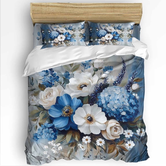 Spring Flower Twin Size Comforter Set, Hydrangea Camellia Oil Painting Soft Bedding for All Seasons, 4 Pcs Bed Set with 1 Comforter (68"x86") ,1Sheet(66"x116"), 2 Pillowcases (19"x29")
