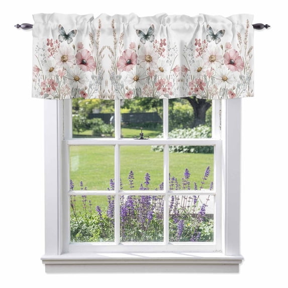 Spring Flower Valance Curtain Retro Daisy Cosmos Leaves Butterfly Pastoral Window Valances Rod Pocket Short Curtains Window Treatments for Kitchen Bedroom Bathroom Laundry 42" x 18"