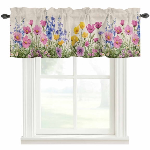 Spring Flower Valances for Windows Beauty Watercolor Linen Texture Rod Pocket Curtain Valance Window Treatment Short Curtains for Kitchen Living Room, 42"x12"