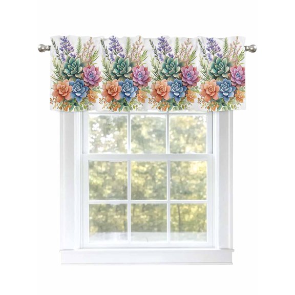 Spring Flower Valances for Windows, Rod Pocket Kitchen Valance Curtains - Soft & Washable Small Window Treatment for Living Room, Bathroom, Colorful Succulents, 54x18inch