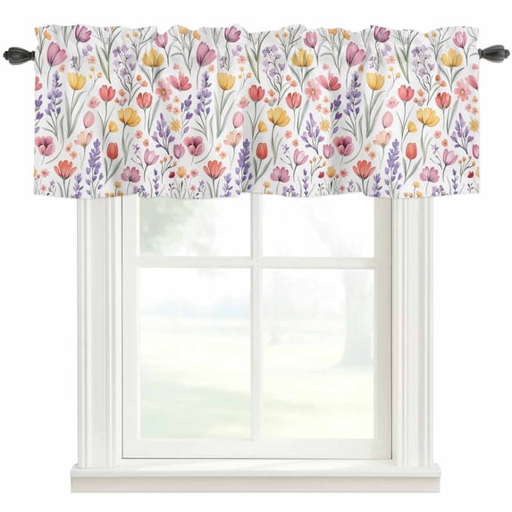 Spring Flower Valances for Windows Watercolor Pink Purple Tulip Countryside Rod Pocket Curtain Valance Window Treatment Short Curtains for Kitchen Living Room, 58"x16"
