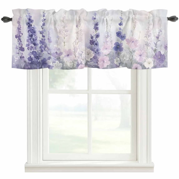 Spring Flower Valances for Windows White Purple Lavender Floral Garden Watercolor Rod Pocket Curtain Valance Window Treatment Short Curtains for Kitchen Living Room, 42"x18"