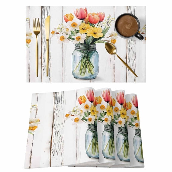 Spring Flower Vase Placemats Set of 6, Country Red Yellow White Tulip Leaf Glass Vase Wood Grain Non-Slip Place Mats Washable Table Mats for Kitchen Dining Table Decorations Indoor/Outdoor