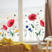 Spring Flower Window Clings, Corn Poppy Glass Window Decals, Double-Sided Glass Window Doors Window Stickers