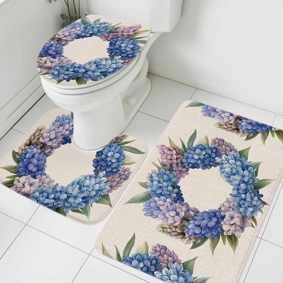 Spring Flower Wreath Bathroom Rugs Set Country Watercolor Purple Blue Floral Leaf Linen Non Slip Absorbent Bath Mats 3 Piece Set with Bathroom Rug, U-Shaped Floor Mat, Toilet Seat Cover Large Size