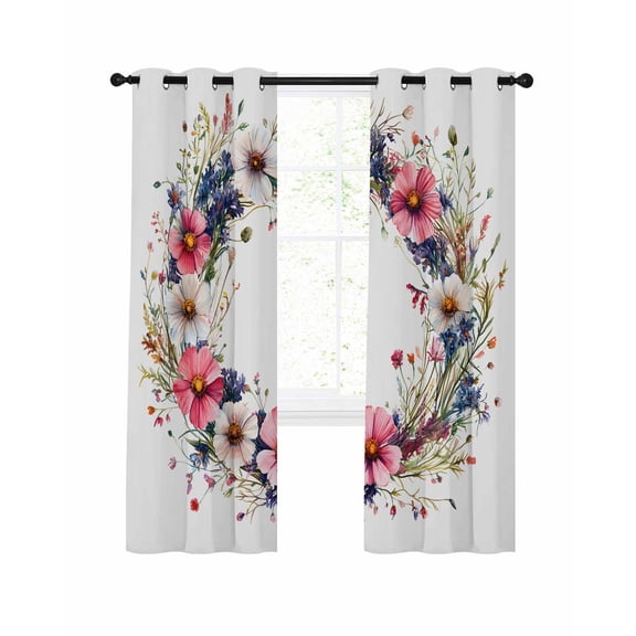 Spring Flower Wreath Blackout Curtains 63 Inch Length Country Watercolor Pink Beige Floral Bud Leaf Thermal Insulated Window Curtain Window Drapes 2 Panels for Bedroom Living Room 42"Wx63"L