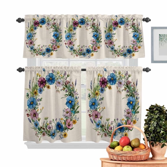 Spring Flower Wreath Kitchen Curtains Valances 3 Piece Set, Country Watercolor Blue Pink Floral Bud Leaf Linen Rod Pocket Tier Curtain & Valance Drapes for Small Window 24 Inch Length for Bedroom
