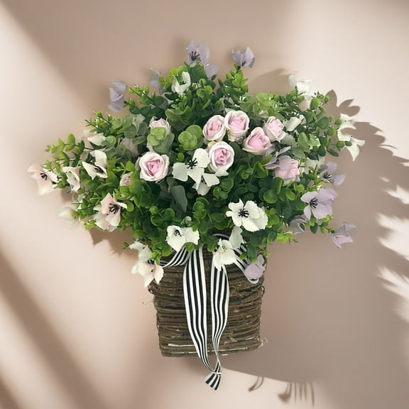 Spring Flower Wreath - Mini Plastic Wreath 45x25cm for Front Door, Wedding Decor, Indoor/Outdoor Holiday Decoration Green