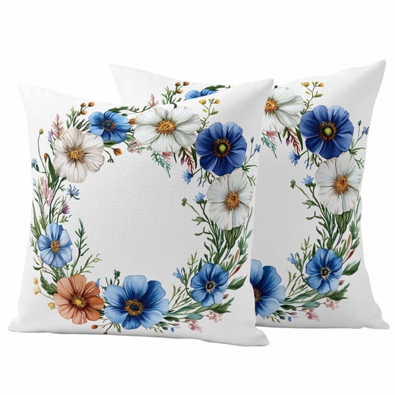 Spring Flower Wreath Pillow Covers 2 Pack Country Watercolor Blue White Floral Bud Leaf Pillowcase Waterproof Outdoor Throw Pillow Cover for Patio Garden Square Cushion 20”x20”