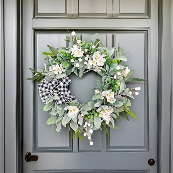 Spring Flower Wreath With Simulation Silver Sage & Lamb's Ear, Artificial Wildflower Wreath, Home Courtyard Door Wall Decor, Perfect for Spring/Summer Holiday Decoration, 17.7in/45cm, Green