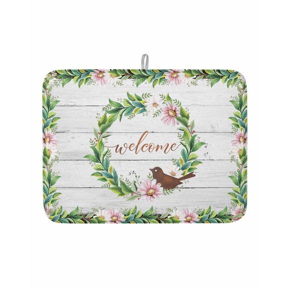 Spring Flower Wreath Welcome Quote Dish Drying Mats for Kitchen Counter,Absorbent Microfiber Dish Drainer Rack Mat Retro Farmhouse Plank Drying Pad for Sinks,Utensils,Countertops,18x24in