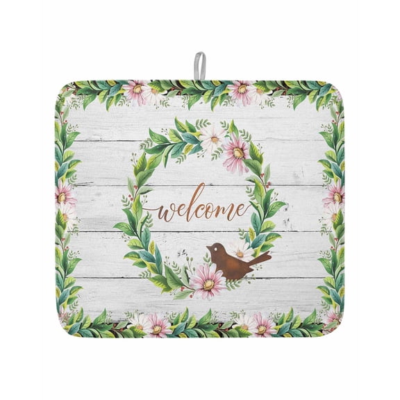 Spring Flower Wreath Welcome Quote Dish Drying Mats for Kitchen Counter,Absorbent Microfiber Dish Drainer Rack Mat Retro Farmhouse Plank Drying Pad for Sinks,Utensils,Countertops,16x18in