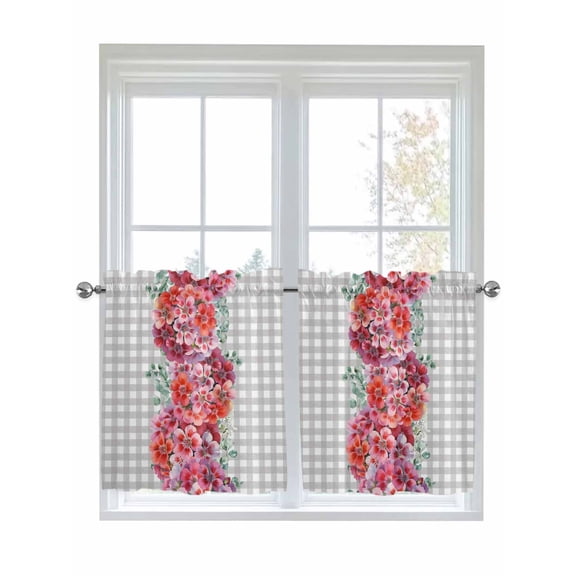 Spring Flowers 2 Panel Kitchen Curtains for Small Windows, Botanical Floral Eucalyptus Leaves Grey Plaid Bathroom Tier Curtain, Short Window Treatment for Bedroom/Living Room 55"x24"