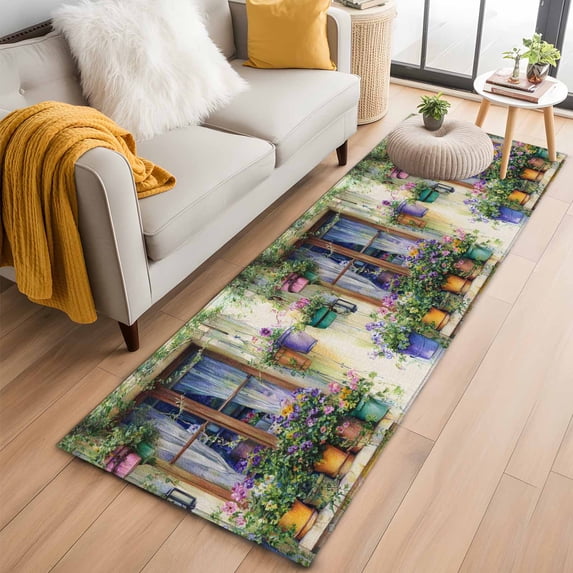 Spring Flowers 2'x6' Runner Rug, Botanical Windows Floral Pots Bicycle Washable Non-Slip Area Rugs for Hallway Kitchen Floor Bedroom Entryway, StainResistant Laundry Carpet Decoration Indoor Mat